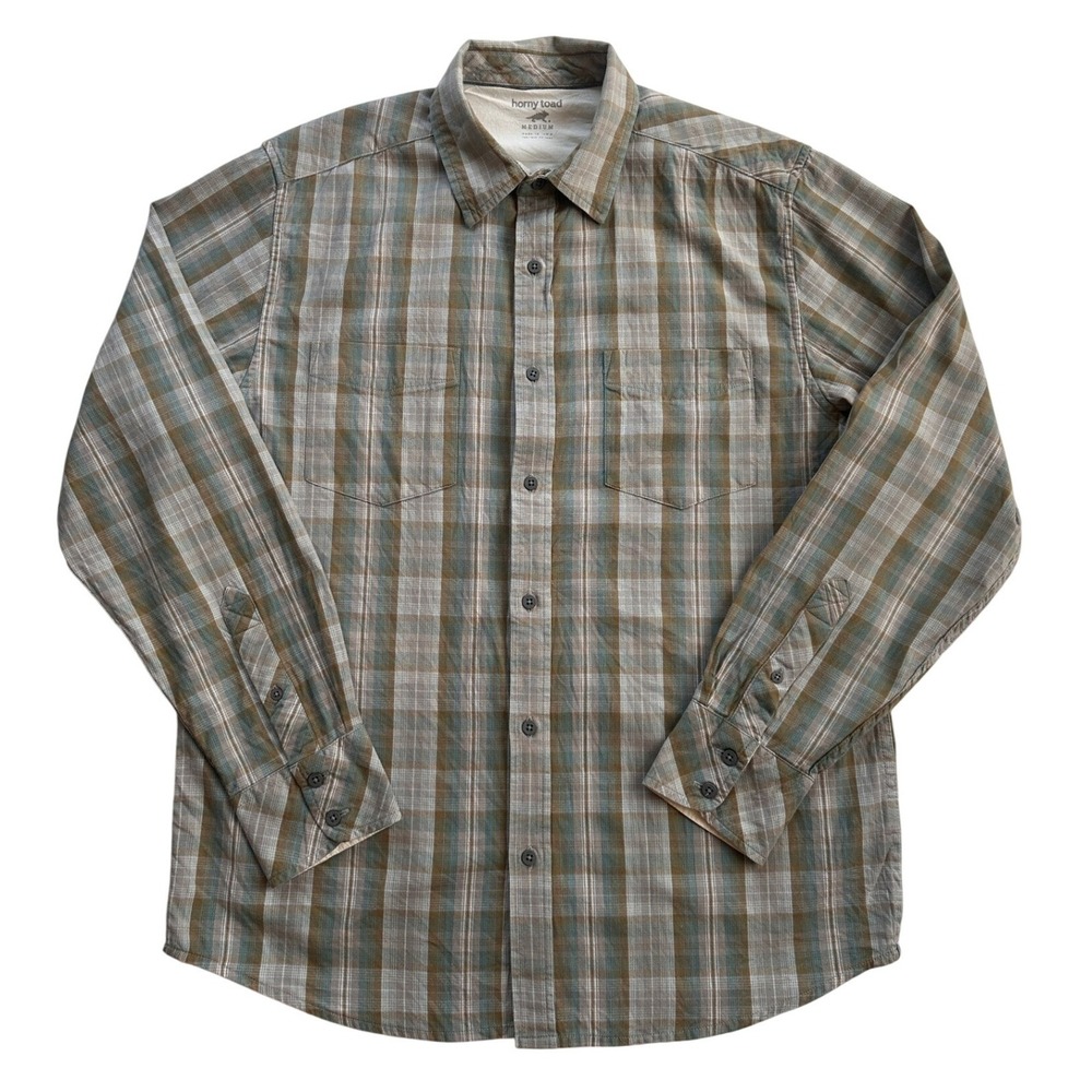 Horny Toad Plaid Button Down Shirt Mens Medium Brown Blue Long Sleeve Excellent